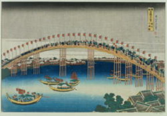 Procession over a Bridge (colour woodblock print) a Katsushika Hokusai