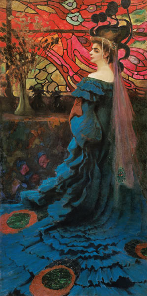 Woman in front of a glass window (the peacock) portrait the Zofia Borucinska. a Kazimierz Stabrowski