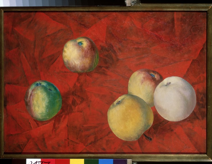 Apples on the red background a Kosjma Ssergej. Petroff-Wodkin
