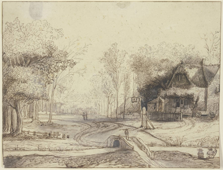 Dorfansicht, rechts ein Wirtshaus, vorne querüber ein Bach mit einer steinernen Brücke a Lambert Doomer