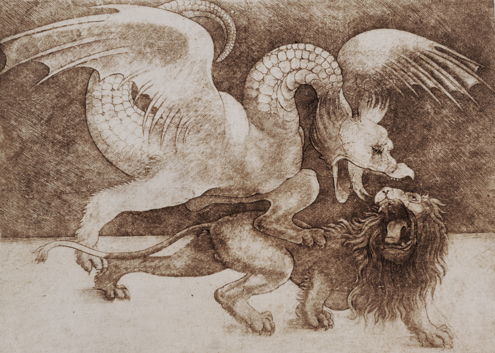 Fight between a Dragon and a Lion (pen a - Leonardo da Vinci come stampa  d'arte o dipinto.