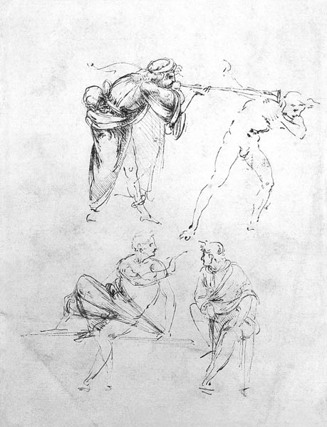 Study of a man blowing a trumpet in another''s ear, and two figures in conversation, c.1480-82 (pen  a Leonardo da Vinci
