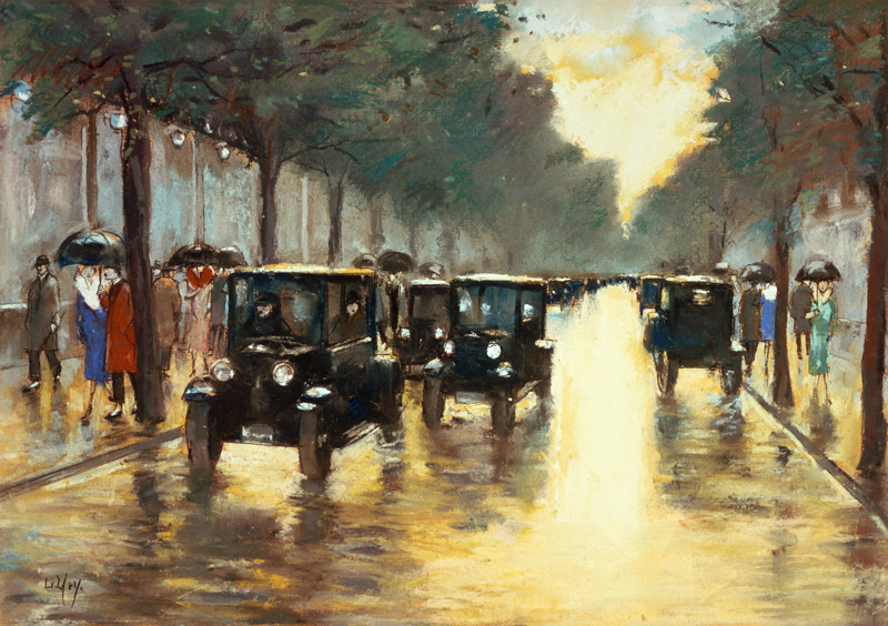 Evening Berlin Strasse with cars. a Lesser Ury