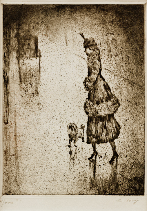 Dame mit Pudel auf regennasser Straße (Droschke links) a Lesser Ury