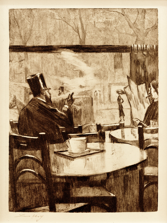 Herr mit Zylinder vor einem Kaffeehausfenster - In Rückenansicht a Lesser Ury