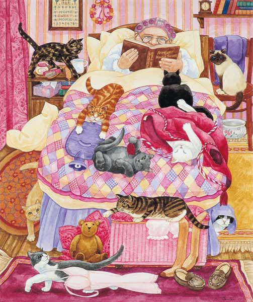 Grandma and 10 cats in the bedroom a Linda  Benton
