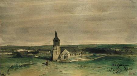 Church and Village in the Middle of a Field, Montigny a Louis Adolphe Hervier