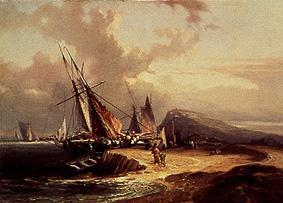 Unloading a sailing ship. a Louis Gabriel Eugène Isabey