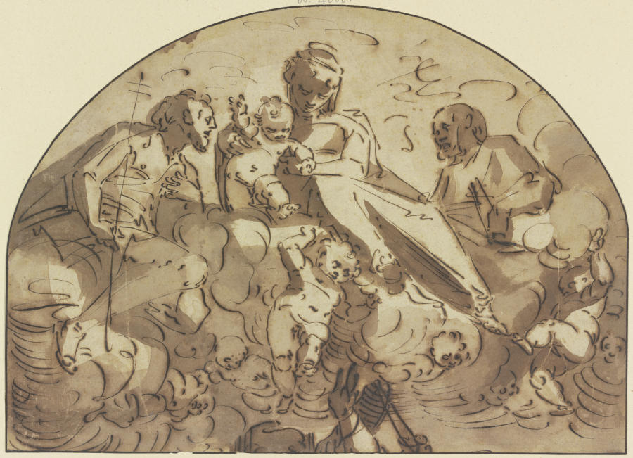 Madonna auf Wolken von Engeln getragen zwischen zwei Heiligen a Luca Cambiaso