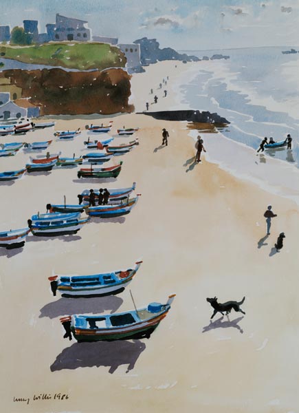Barche sulla spiaggia, 1986 (acquerello su carta) - Lucy Willis come stampa  d'arte o dipinto.