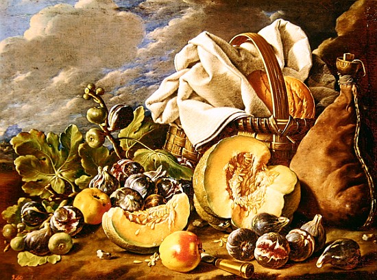Still Life with figs, wicker basket, pumpkin, bread, wine skin and knife a Luis Egidio Melendez