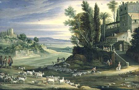 Landscape with Shepherds and the Supper at Emmaus a Maerten Ryckaert