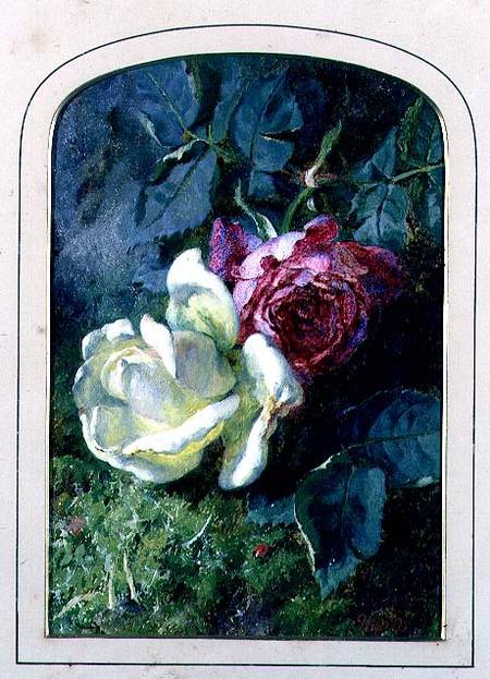Roses and a ladybird on a mossy bank (board) a Martha Darley Mutrie