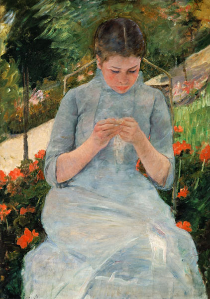 Young knitting woman in the garden a Mary Cassatt