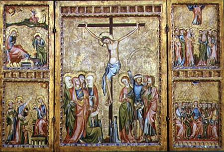Altarpiece with the Crucifixion in the centre panel and scenes from the Life of Christ on the side p a Maestro di Cologne