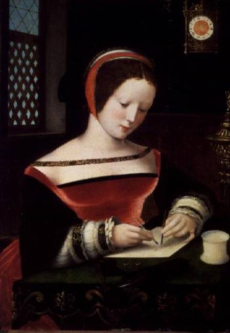 St. Mary Magdalene Writing (panel) - Master of the Female Half Leng come  stampa d\'arte o dipinto.