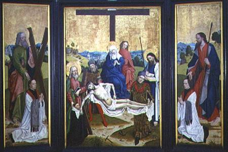 Altarpiece with a pieta and donors in centre panel; St. Andrew and St. John on the side panel a Master of the Life of Virgin Mary