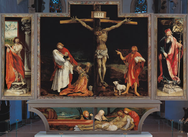 Isenheimer altar first show side, total: The hll. Antonius and Sebastian, crucifixion Christi, buria a Mathias (Mathis Gothart) Grünewald