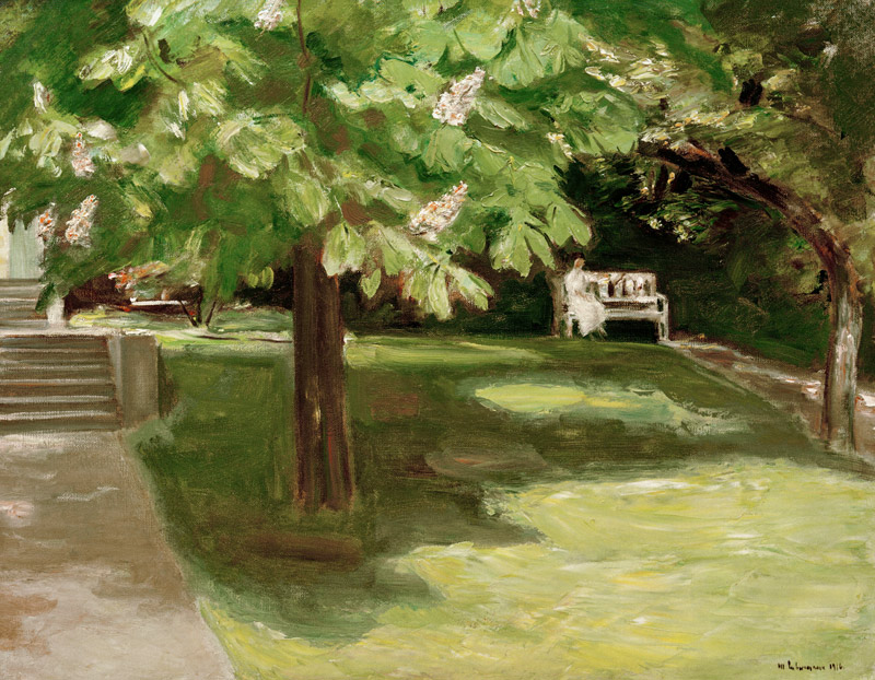 lawn seat under the chestnut tree - blooming chestnuts a Max Liebermann