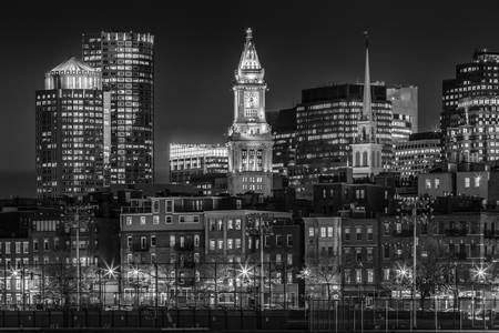 BOSTON Skyline serale del North End e del distretto finanziario | Monocromo