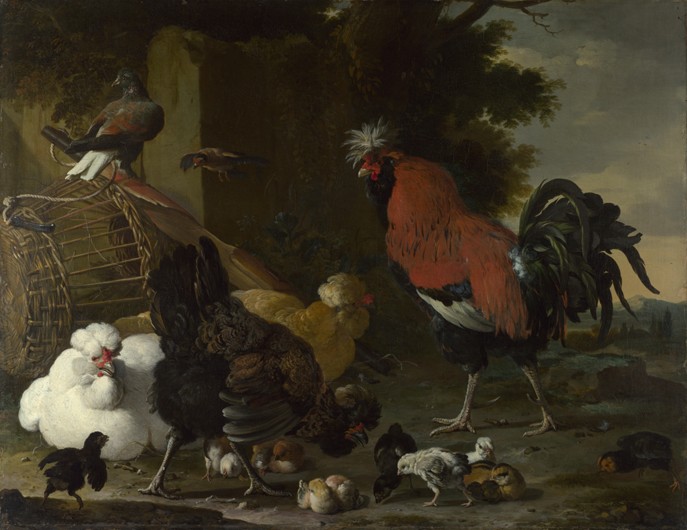A Cock, Hens and Chicks a Melchior de Hondecoeter