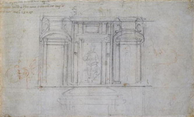 Study of the Upper Level of the Medici Tomb, 1520/1 (black & red chalk on paper) a Michelangelo Buonarroti