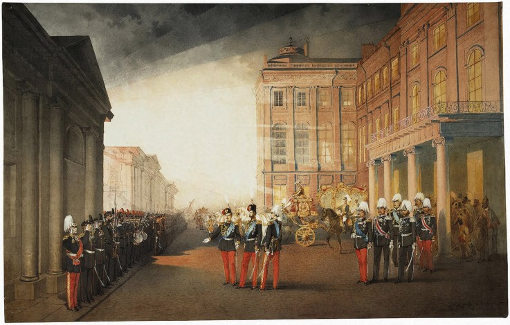 Parade in front of the Anichkov Palace on 26 February 1870 a Mihaly von Zichy