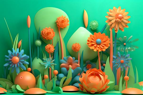 3D abstrakte Blumen in grün und orange, Blumenornament, floral, Natur a Miro May