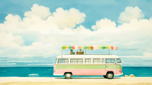 Bunte Aquarelle mit einem VW Bus am Strand. Roadtrip a Miro May