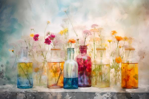 Bunte Blumen in bunten Flaschen, Gemälde, verwaschen, modern, Stillleben, digital a Miro May