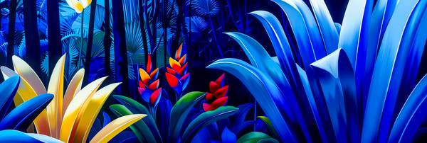 Ein leuchtend blauer Dschungel mit exotischen Pflanzen und tropischen Blumen a Miro May