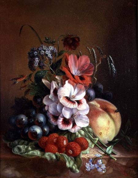 Still life of fruit and flowers a Mme. A. van Ravensway