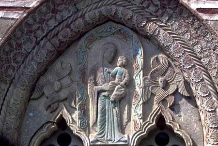 Madonna and Child, window detail of the church a Morava School