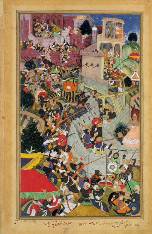 Emperor Akbar (r.1556-1605) shoots Saimal at the Siege of Chitov in 1567, from the 'Akbarnama' made a Mughal School