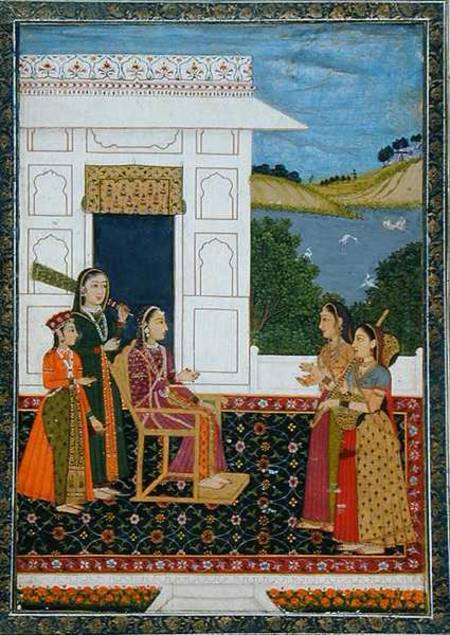 A lady with attendants on a terrace, from the Small Clive Album a Mughal School