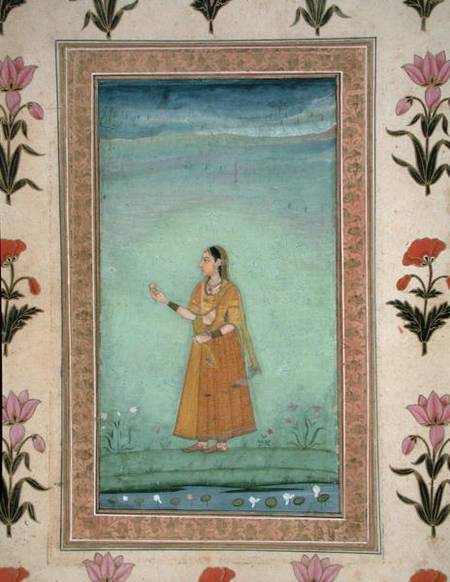 Lady holding fruit, standing by a lily pond, from the Small Clive Album a Mughal School