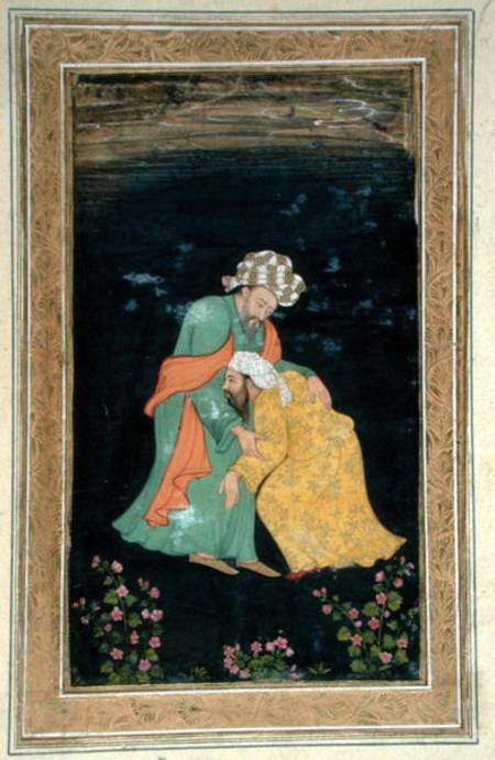 A Mullah bowing down to a man in Iranian dress who lifts him up from his supplication, from the Smal a Mughal School