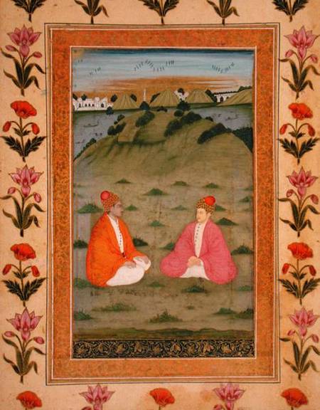 Two nobles seated in a landscape, from the Small Clive Album a Mughal School