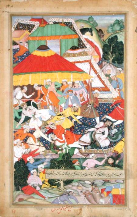 The Wounding of Kilan Khan by a Rajiput during his march to Gujerat in 1573, from the 'Akbarnama' ma a Mughal School