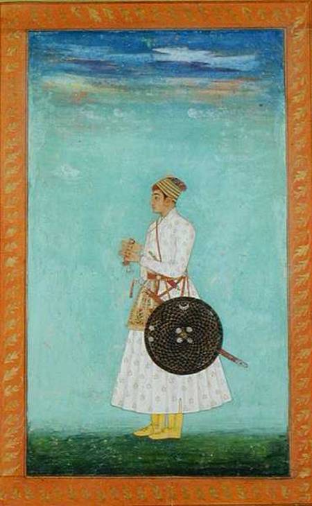 A young nobleman of the Mughal court holding a sealed brocade envelope,  from the Large Clive Album a Mughal School