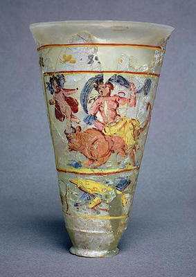 Vase with painted decoration depicting Europa and the Bull, Roman (glass) (see also 98005) a 