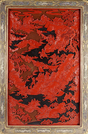 A Filigree Framed Red Lacquer Panel Depicting Warriors On Horseback And Mythical Animals In A Landca a 