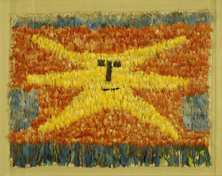 A Huari Feathered Panel Sewn All Over With Feathers On A Cotton Ground With A Yellow Sunburst Face W a 