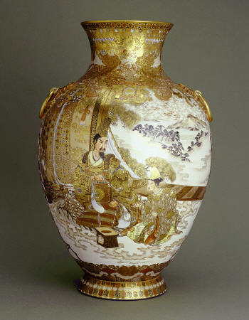 A Kinkozan Baluster Vase Decorated In Various Coloured Enamels And Gilt With Two Shaped Panels a 