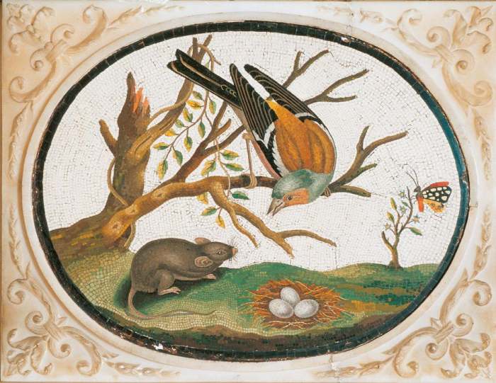 An oval-shaped medallion with a mosaic representing a bird on the branch of a tree, a mouse, a meado a 