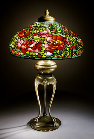 An Important Elaborate ''Peony'' Leaded Glass And Bronze Table Lamp a 