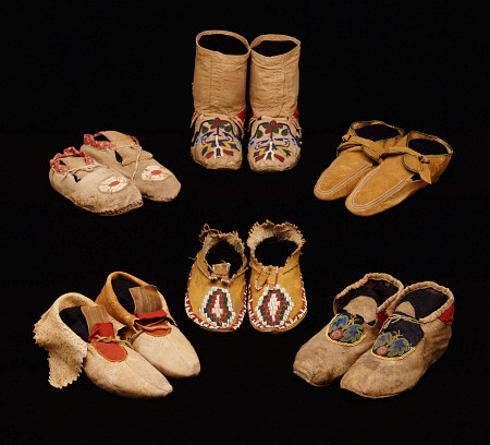 A Selection Of American Indian Hide Moccasins From Varoius Tribes; Clockwise From Top Left - Upper M a 