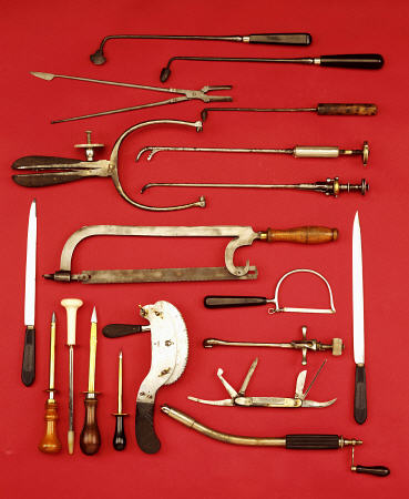A Selection Of Medical Equipment Including Knives, Saws, Bullet Extractors,  Cauterisers, Lithotrite a 