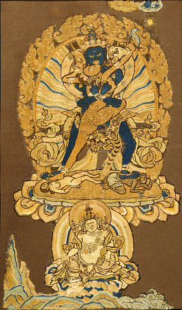 A Tibetan Embroidered Fragment Depicting Samvara Embracing His Consort a 