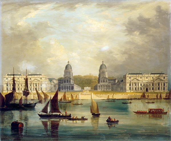 A View Of Greenwich,  From The River, With Commissioned Barges, A Collier Brig, Astumpy Barge And Ot a 